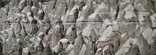 Panorama of unique geological formations in Cappadocia, Turkey.