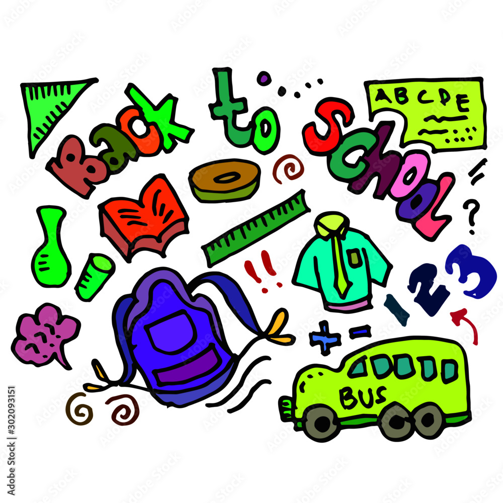 doodle hand drawing with a letter back to school with a ruler, uniform, bag, school bus, letter 123, alphabet abcde, and other symbols on a white background