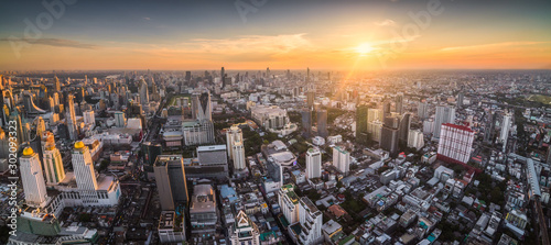 Wide Panoramic View of Bangkok, Thailand. Cityscape with Skyscrapers at Sunset