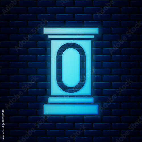 Glowing neon Stage stand or debate podium rostrum icon isolated on brick wall background. Conference speech tribune. Vector Illustration