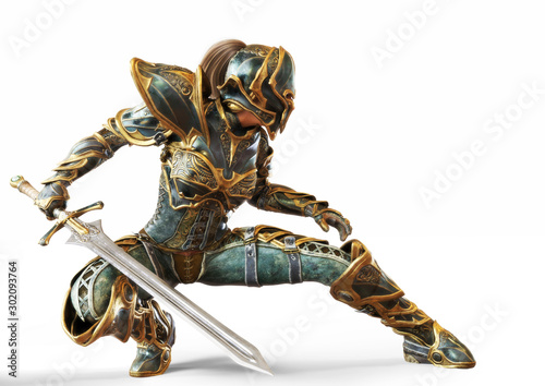 Knight captain female posing with her sword in a fighters combat stance on an isolated white background. 3d rendering