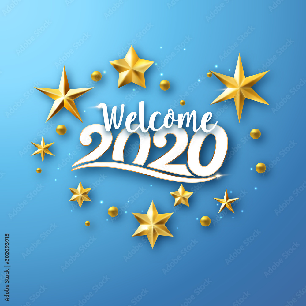 Welcome 2020 - typographic new year greeting design with stars on blue background Welcome 2020 - typographic new year greeting design with stars on blue background
