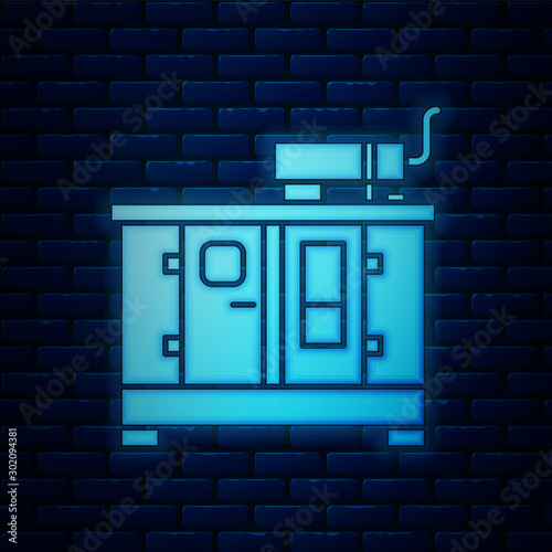 Glowing neon Diesel power generator icon isolated on brick wall background. Industrial and home immovable power generator. Vector Illustration