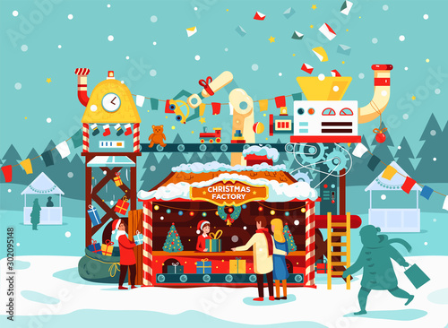 Winter festive fair in the city, stalls with gifts and garlands. People are buying Christmas presents