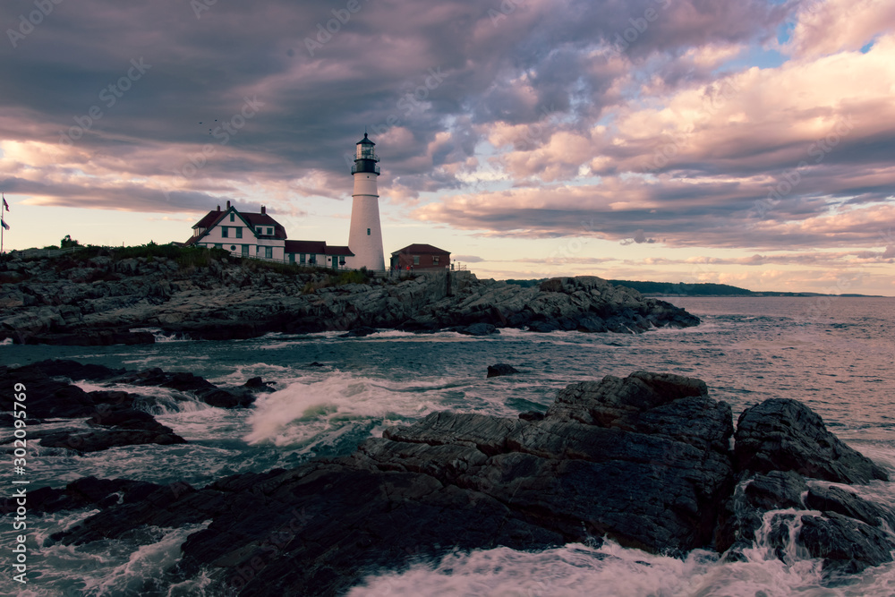 Portland Head Lighthouse in Portland Maine at Sunset
