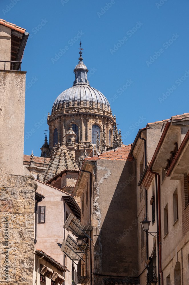 Exterior view of the dome and carvings on the roof of the old Cathedral in Salamanca