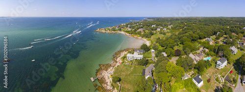 Annisquam Harbor Lighthouse panorama aerial view, Gloucester, Cape Ann, Massachusetts, MA, USA. This historic lighthouse was built in 1898 on the Annisquam River.