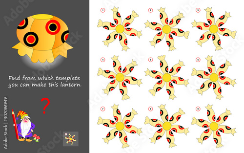 Logic puzzle game for children and adults. Find from which template you can make this lantern. Printable page for brain teaser book. Developing counting and spatial thinking skills. IQ training test.
