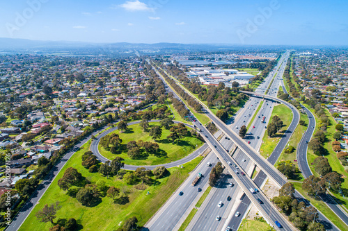 Aerial view of highway interchange in Melbourne, Australia on sunny day photo