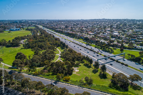 Aerial landscape of Monash Freeway in Melbourne, Australia in bright daylight photo