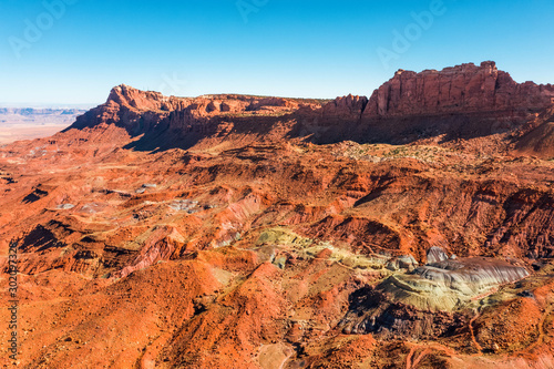 Aerial view of Arizona nature. Orange, red landscape hill, blue sky. Close up. Arizona state. USA country