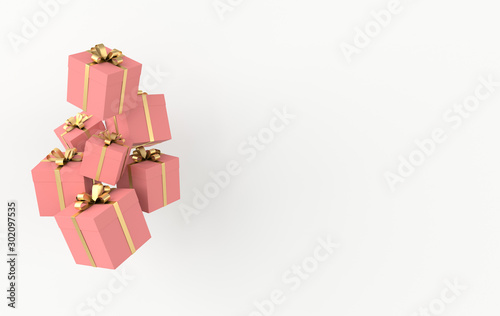 3d rendering of realistic pink gift box with golden ribbon bow on white background. Empty space for party, promotion social media banners, posters.