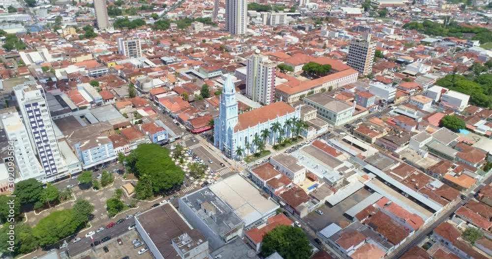 Aerial view of Franca city, mother church. 4K.