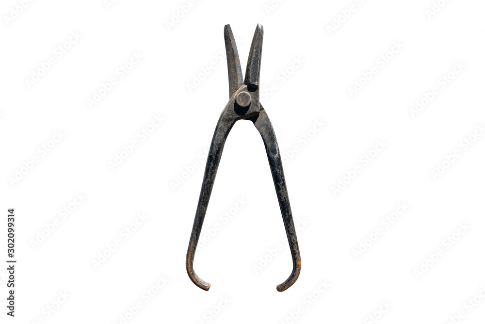 Old, rusted sheet metal shears, straight, isolated on a white background with a clipping path.