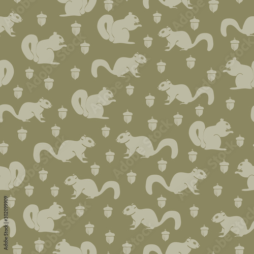 Green Squirrels and Acorns on Green Background Seamless Repeat Pattern. Background for textiles, cards, manufacturing, wallpapers, print, gift wrap and scrapbooking.