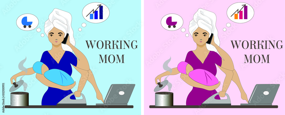 Mother works at home, breastfeeds, prepares food, runs a business, ironing clothes, talking on the phone. Life balance concept.  Mom works with a newborn baby in her arms