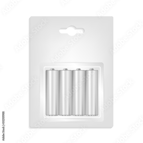 Different type and size batteries or accumulator mock up package isolated on white background. Copy space for branding. White 3d templates for electronic appliances. Sizes AAA, AA, metallic cylinders.