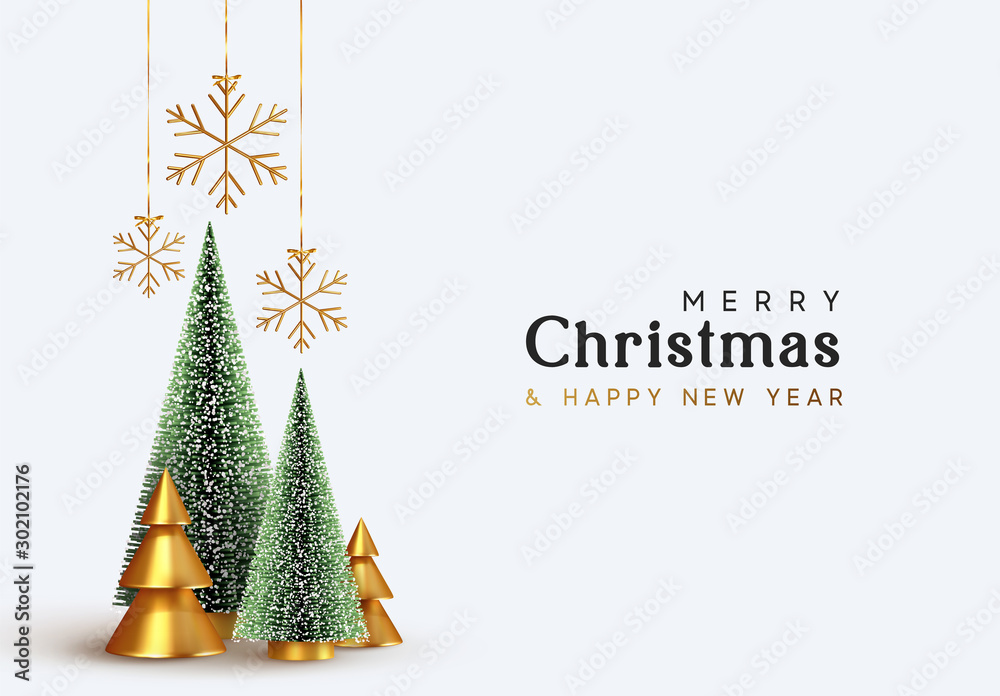 Christmas and New Year background. Xmas pine fir lush tree. Conical Abstract Gold Christmas Trees. Snowflakes hanging on ribbon. Bright Winter holiday composition. Greeting card, banner, poster - obrazy, fototapety, plakaty 