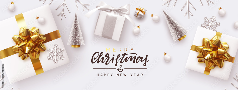 Holiday banner Merry Christmas and Happy New Year. Xmas design white gifts boxes, silver volume snowflake, glass ball. Christmas tree. flat lay, top view. Horizontal festive poster, header for website - obrazy, fototapety, plakaty 