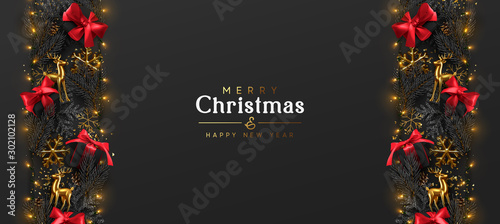 Christmas background. Holiday Border line of Christmas elements, pine branches, with bright luminous garlands, golden deer, black gift boxes red bow, glitter gold confetti, 3d snowflakes. Xmas design