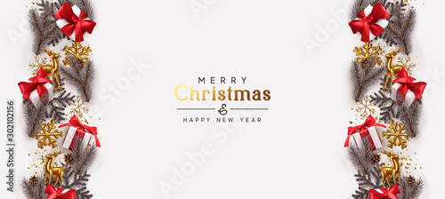 Christmas background. Holiday Border line of Christmas elements, pine branches, golden deer, whie gift boxes red bow, glitter gold confetti, metallic 3d snowflakes. Xmas design