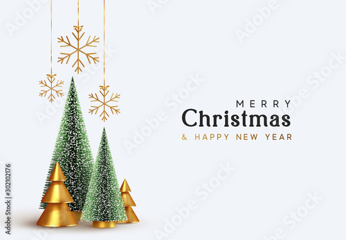 Christmas and New Year background. Xmas pine fir lush tree. Conical Abstract Gold Christmas Trees. Snowflakes hanging on ribbon. Bright Winter holiday composition. Greeting card, banner, poster