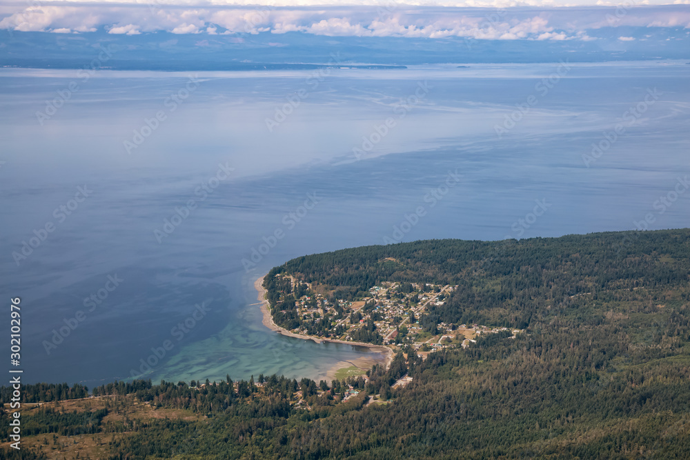 Aerial View of Gillies Bay on Texada Island, British Columbia, Canada. Taken during a hazy summer morning.