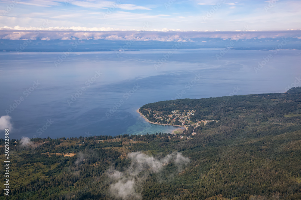 Aerial View of Gillies Bay on Texada Island, British Columbia, Canada. Taken during a hazy summer morning.
