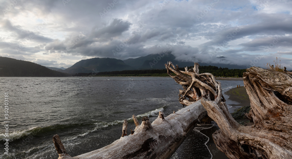 Port Renfrew, Vancouver Island, BC, Canada. Beautiful Panoramic View of a beach in a small town during a cloudy summer sunset.