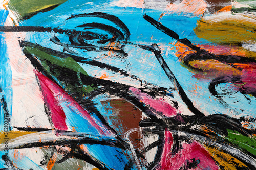 An abstract fragment of painting showing vibrant colors, brushstroke texture, and line flows.