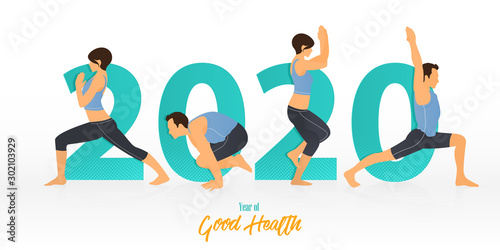 Happy New Year 2020 banner with yoga poses. Year of good health. Banner design template for New Year 2020 decoration in Yoga Concept. Vector illustration.