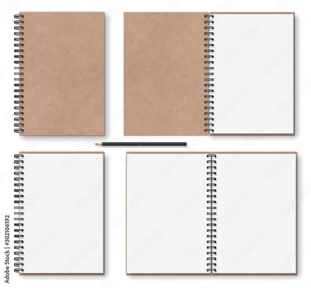 realistic blank open, closed brown kraft paper texture notebook with black metal spiral on left, wooden pencil, above view, stock vector illustration clip art objects set isolated on white background