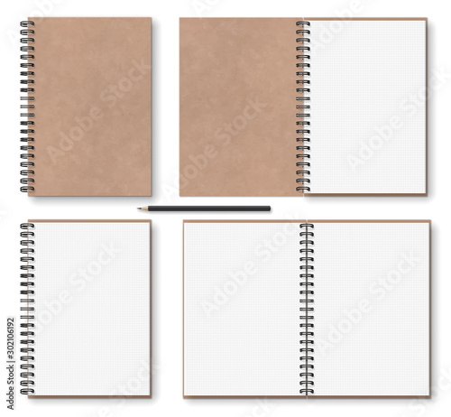 realistic blank open, closed brown kraft paper texture notebook with black metal spiral on left, wooden pencil, above view, stock vector illustration clip art objects set isolated on white background