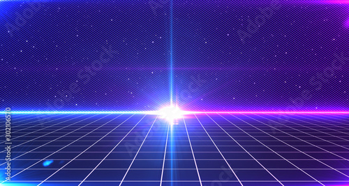 Retro Sci-Fi Background Futuristic Grid landscape of the 80`s. Digital Cyber Surface. Suitable for design in the style of the 1980`s. 3D illustration