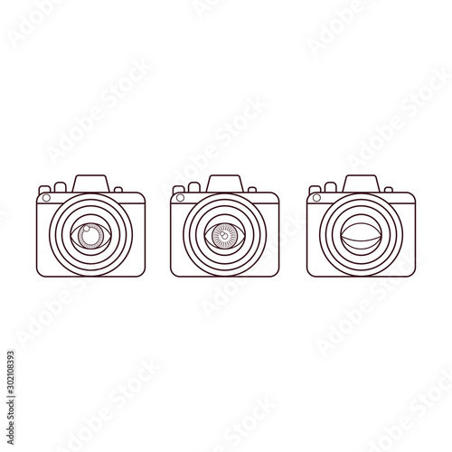 Camera with dilated pupil, constricted pupil and closed eye on lens. Outline vector illustration.