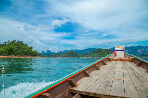 mountains lake river sky and natural attractions in Ratchaprapha Dam at Khao Sok National Park, Surat Thani Province, Thailand. © Poramet
