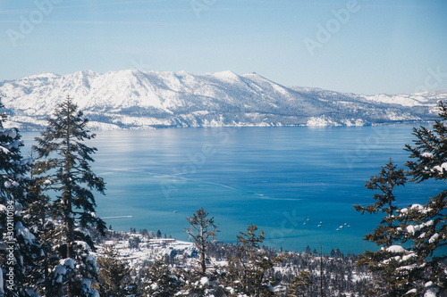 View of mountains and lake from ski slopes