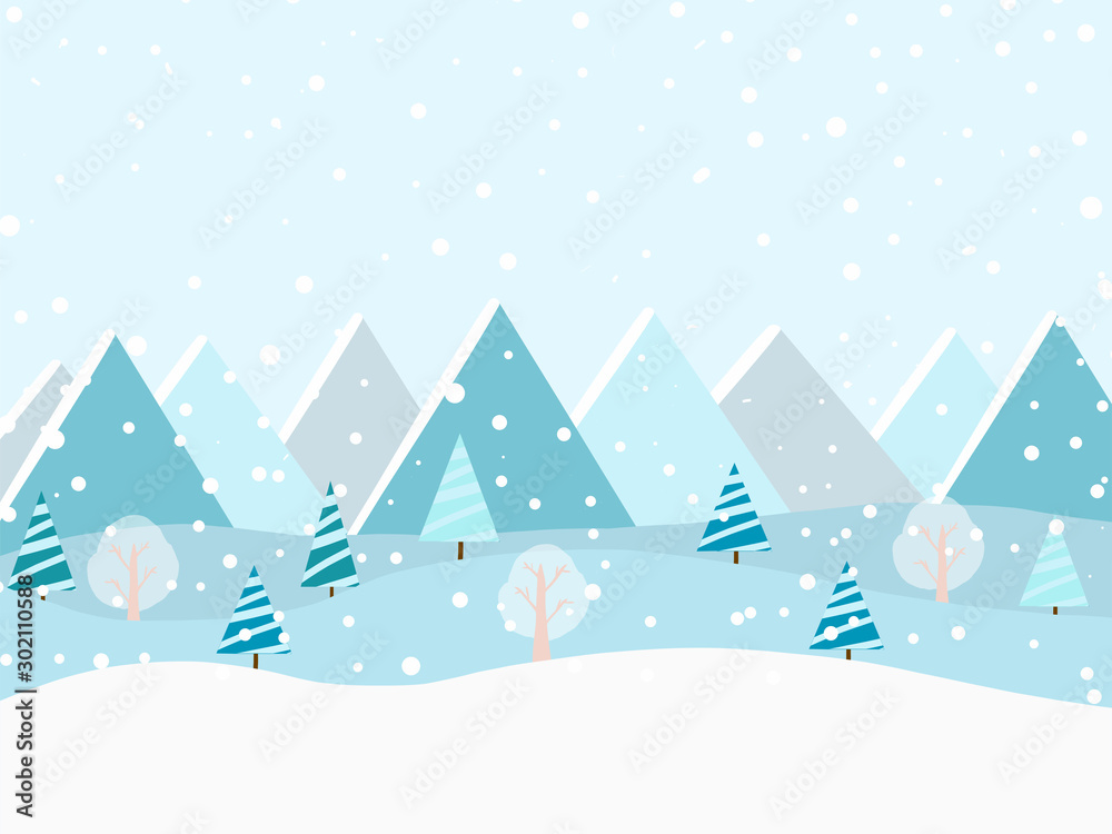 Winter forest at daylight and blue mountains winter snowy landscape. Vector illustration.