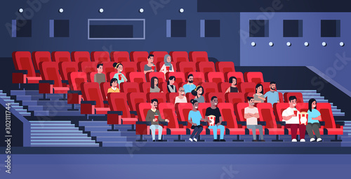 people group watching movie sitting in cinema with popcorn and cola mix race men women having fun laughing at new comedy flat full length horizontal vector illustration