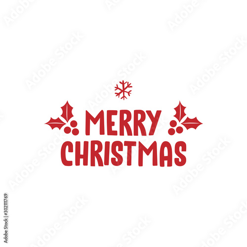 Merry christmas text with holy berry leaves. Xmas greeting card design.