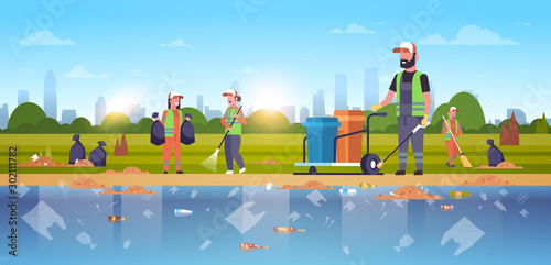janitors group gathering garbage cleaners team in uniform working together on beach area cleaning service environmental improvement concept public river bank cityscape background horizontal vector