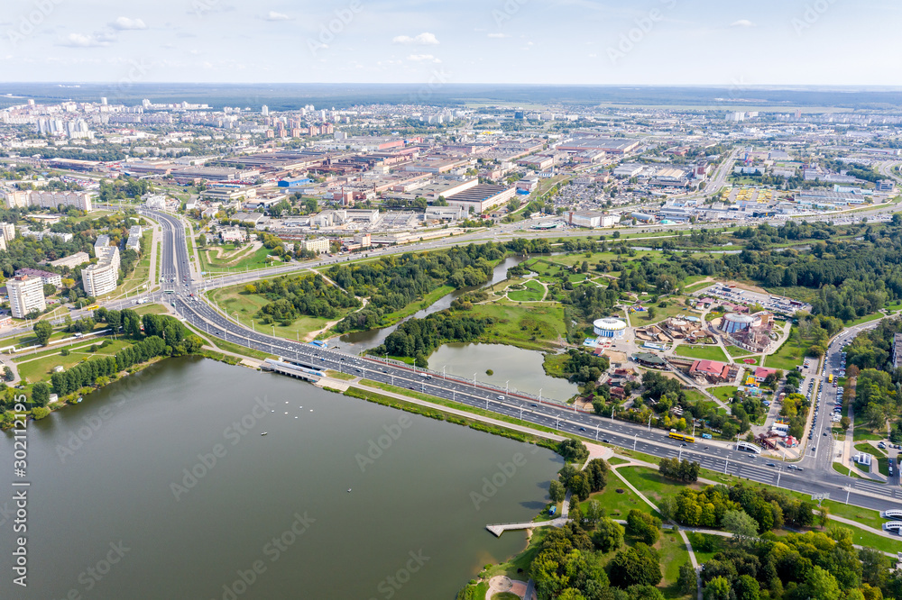 Panoramic image of city zoo and Svisloch river in summer. Minsk, Belarus
