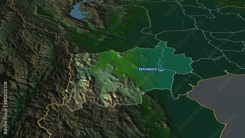 Ratchaburi - province of Thailand with its capital zoomed on the physical map of the globe. Animation 3D Ratchaburi - province of Thailand with its capital zoomed on the physical map of the globe. Animation 3D