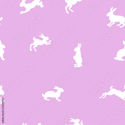 Seamless pattern with white rabbits on a lavender background. Vector graphics.