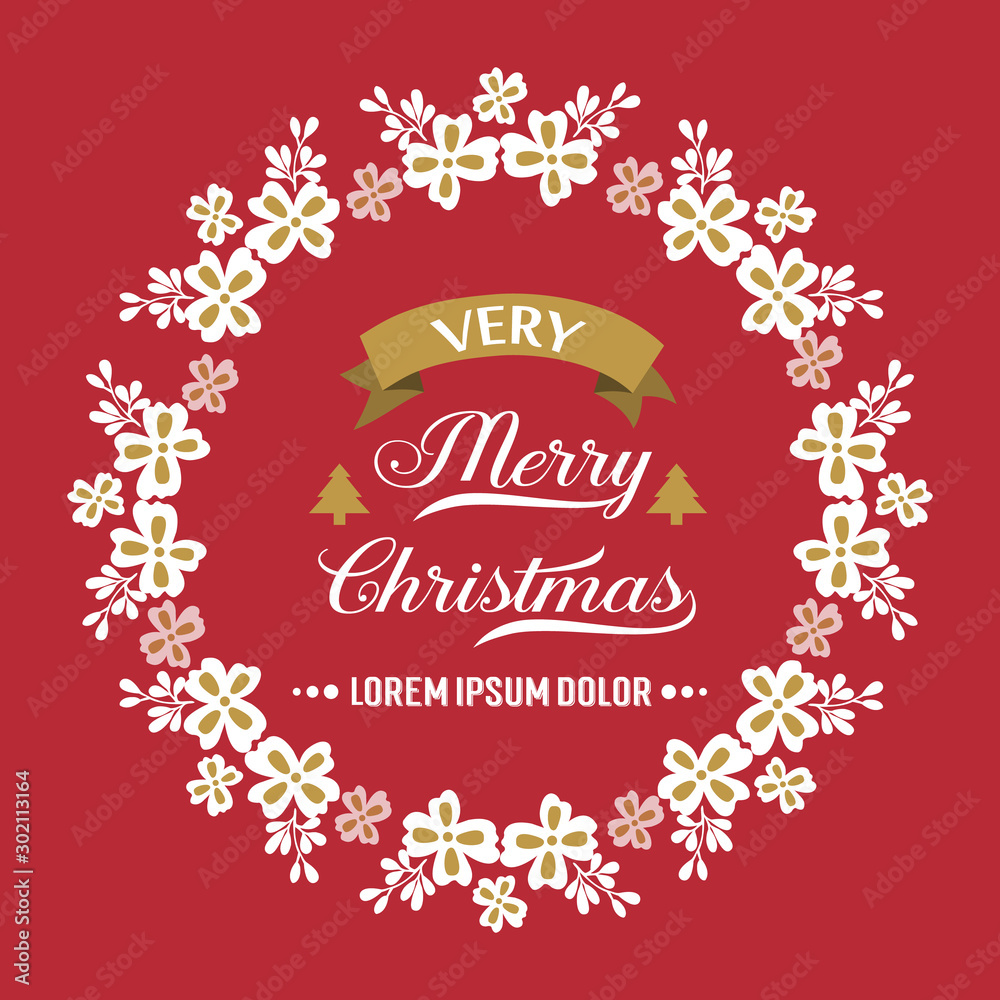 Poster lettering of very merry christmas, with drawing of vintage white floral frame. Vector