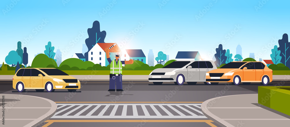 police inspector on road with cars using traffic stick african american policeman officer in uniform traffic safety regulations service concept flat full length horizontal vector illustration
