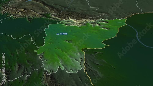 Sa Kaeo - province of Thailand with its capital zoomed on the physical map of the globe. Animation 3D photo