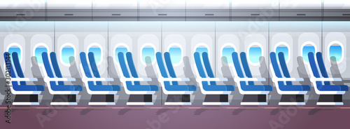 airliner passenger seats row with portholes empty no people airplane board interior flat horizontal banner vector illustration