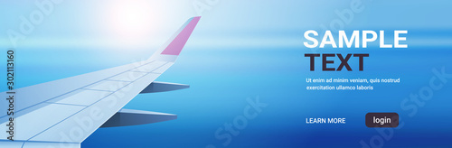 airplane window view into open space sky with wing travel tourism air transportation concept horizontal copy space flat vector illustration
