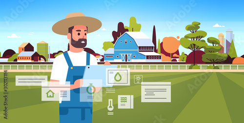 man farmer with tablet monitoring condition controlling agricultural products organization of harvesting smart farming concept farm building landscape background flat horizontal portrait vector